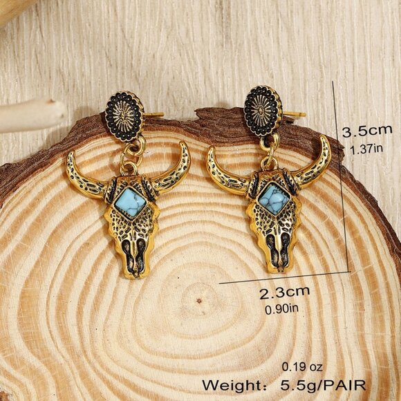 Gold Tone Bull Head Earrings with Turquoise Accent - Picture 3 of 3